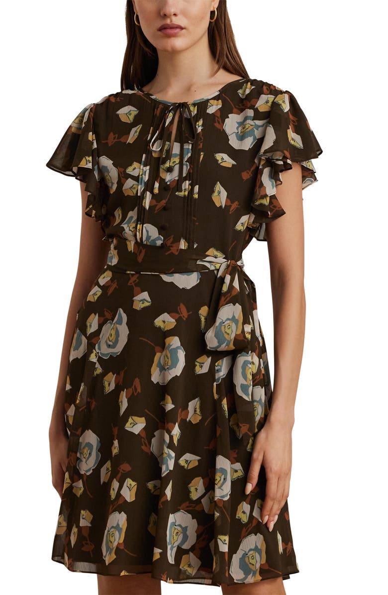 Polo Ralph Lauren Georgette Floral Print Short Sleeve Minidress, Alternate, color, Brown Multi