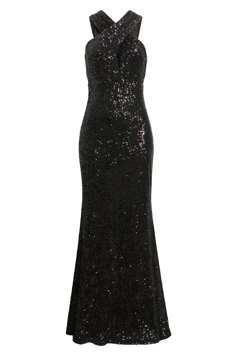 Sequin Halter Neck Mermaid Gown, Alternate, color, BLACK