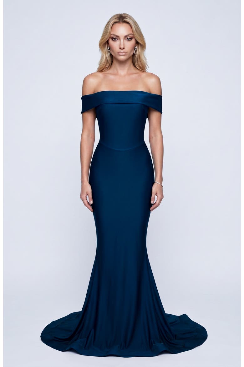 Off The Shoulder Sculpted Mermaid Evening Gown, Alternate, color, Navy