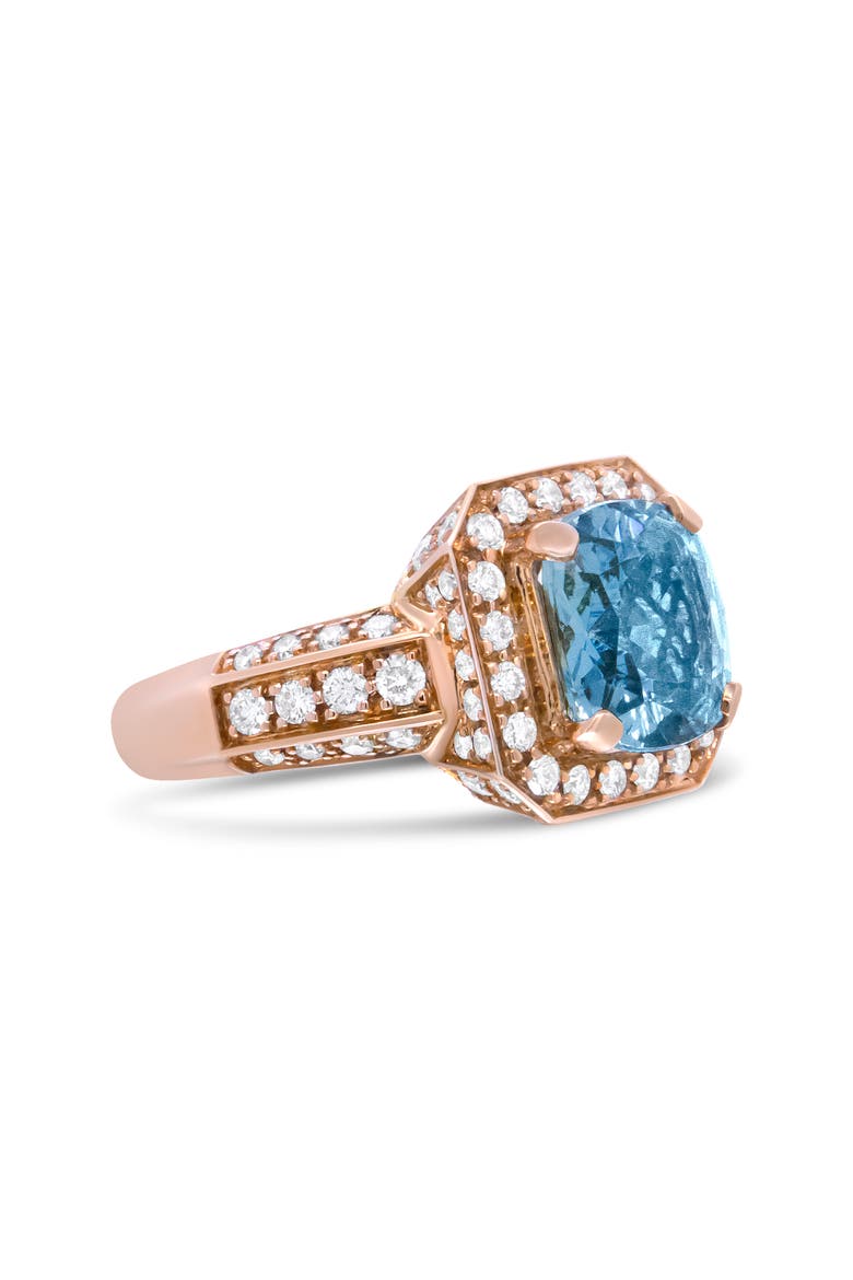 18K Gold Aquamarine & 1 1/8 Cttw Diamond Halo Ring, Alternate, color, Yellow