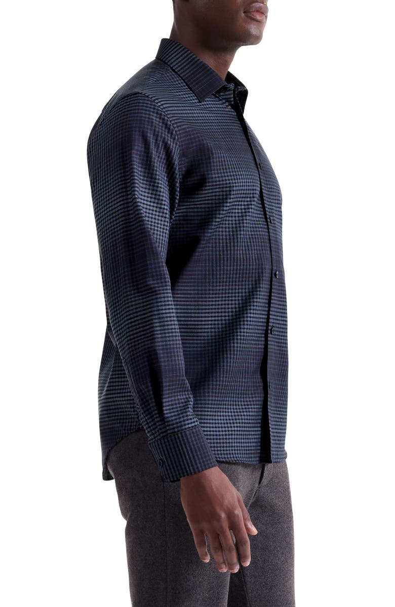 Bugatchi Julian Shaped Fit Gradient Check Cotton & Cashmere Button-Up Shirt, Alternate, color, Navy