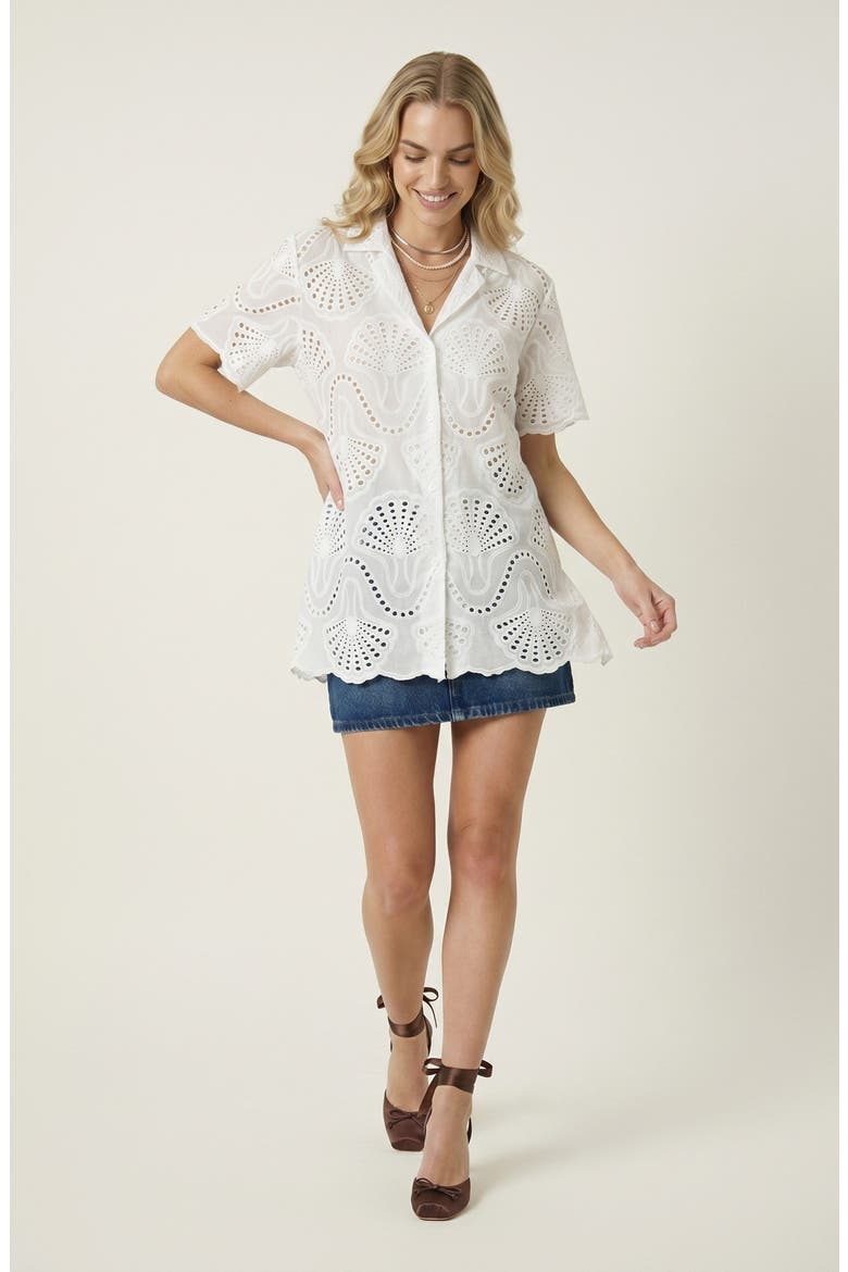 Scalloped Eyelet Shirt with Coastal Shell Motif, Alternate, color, White