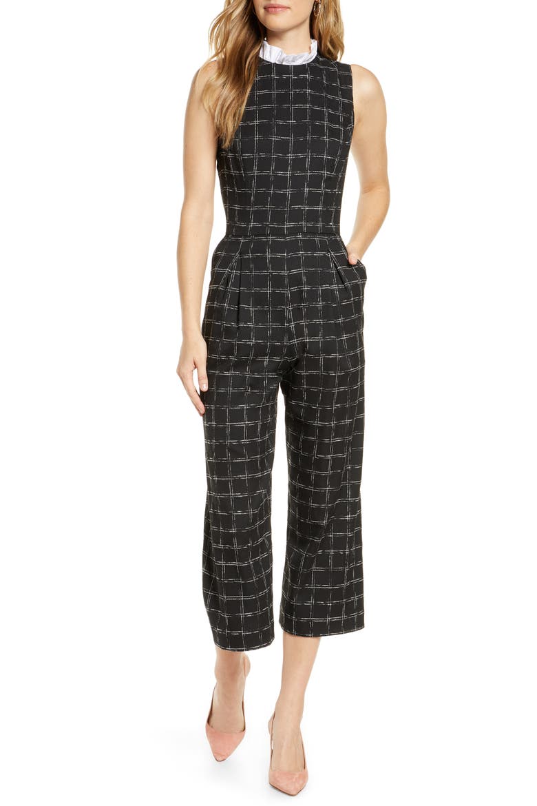 Windowpane Plaid Ruffle Collar Crop Jumpsuit, Main, color, BLACK