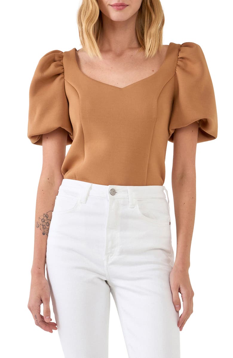 English Factory Scuba Knit Puff Sleeve Top, Main, color, Tan
