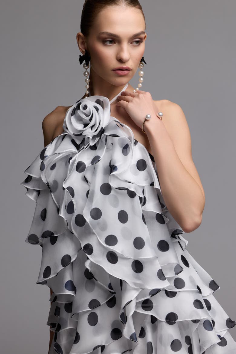 Polka Dot Halter Neck Ruffle Mini Dress with Tiered Skirt, Alternate, color, Black Ivory