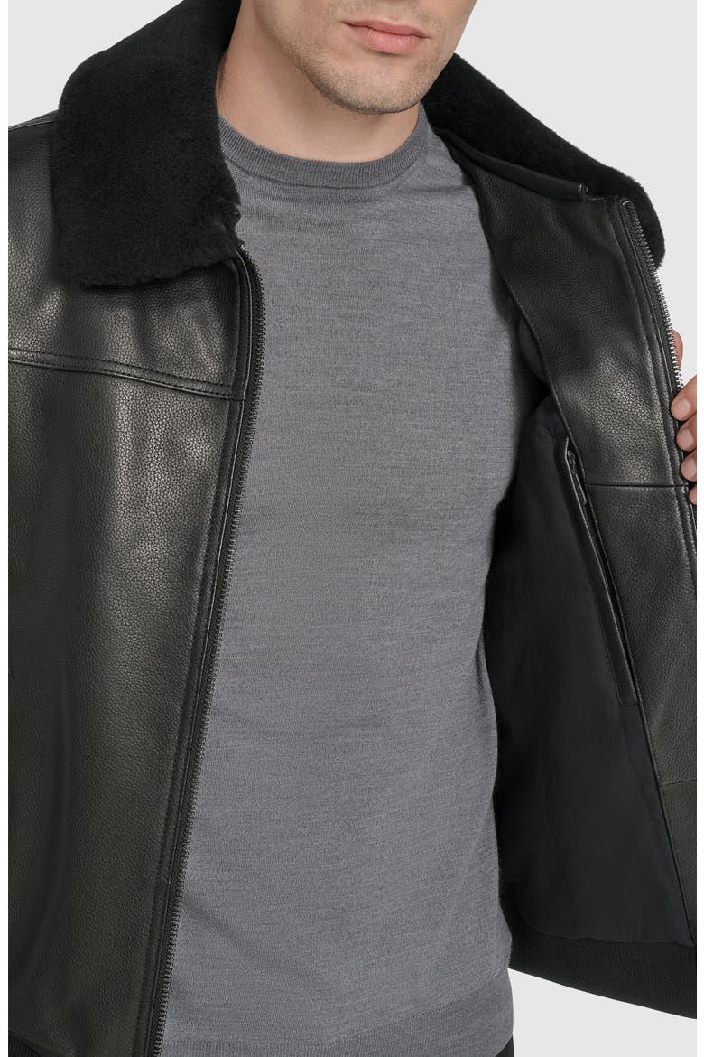Leather Aviator Jacket with Removable Genuine Shearling Collar, Alternate, color, BLACK