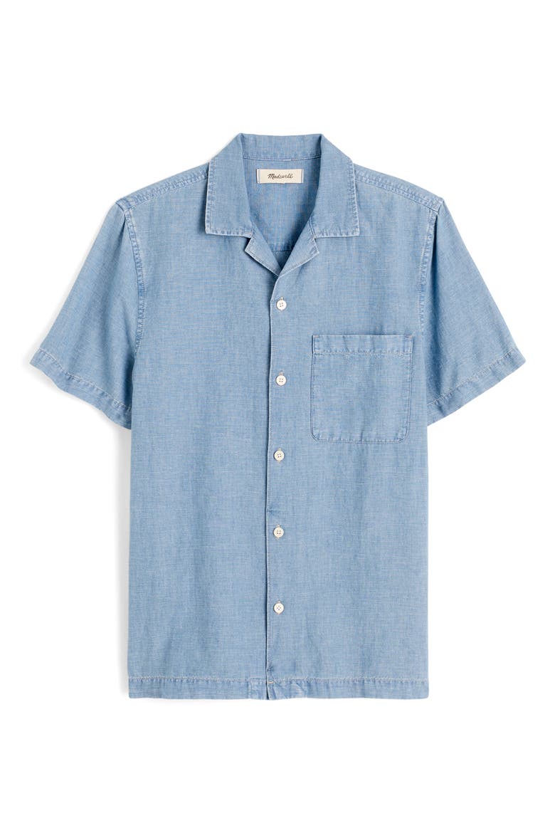 Chambray Short Sleeve Button-Up Shirt in Cotton-Linen Blend, Alternate, color, FAULK WASH