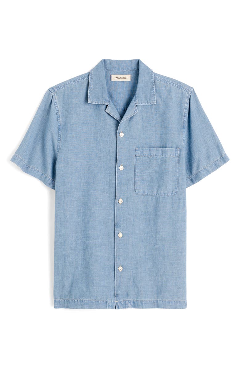 Madewell Chambray Short Sleeve Button-Up Shirt in Cotton-Linen Blend, Alternate, color, Faulk Wash