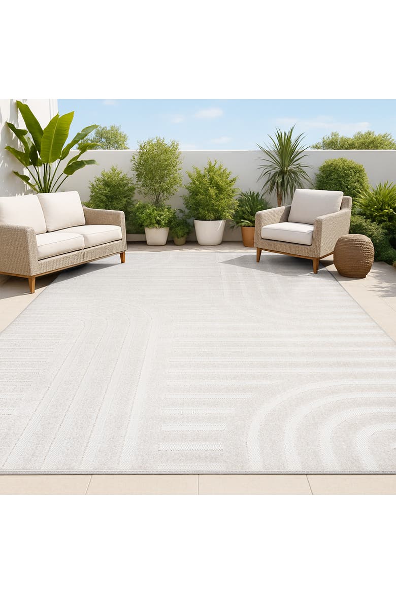 Anders High-Low MidCentury Modern Arch Stripe Two-Tone Indoor/Outdoor Area Rug, Alternate, color, White/Cream