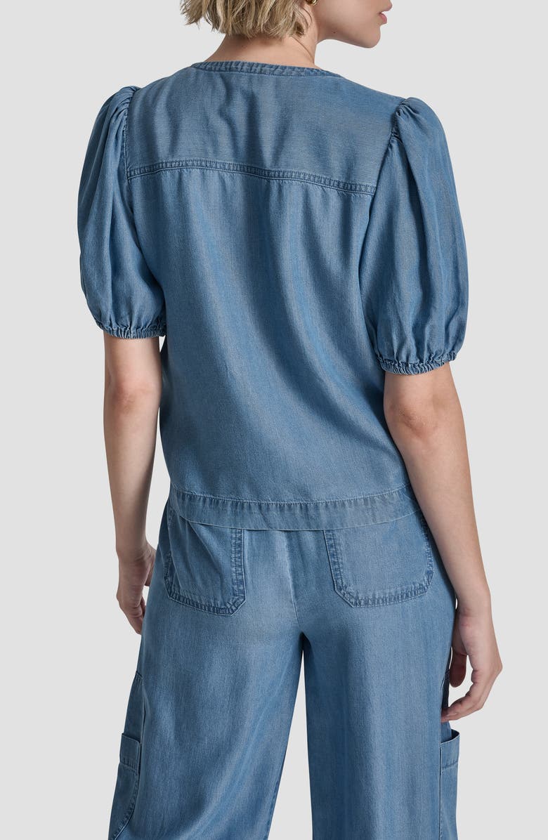 DKNY Zip Shoulder Denim Puff Sleeve Blouse, Alternate, color, Stream Wash