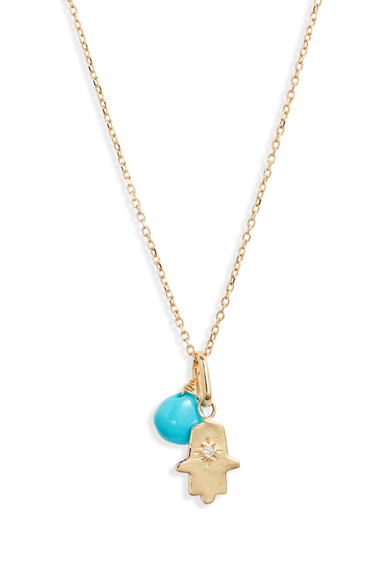 Love Letter Turquoise Stone & Diamond Hamsa Pendant Necklace, Main, color, TURQUOISE/ AQUA