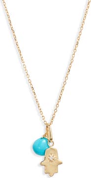 Anzie Love Letter Turquoise Stone & Diamond Hamsa Pendant Necklace