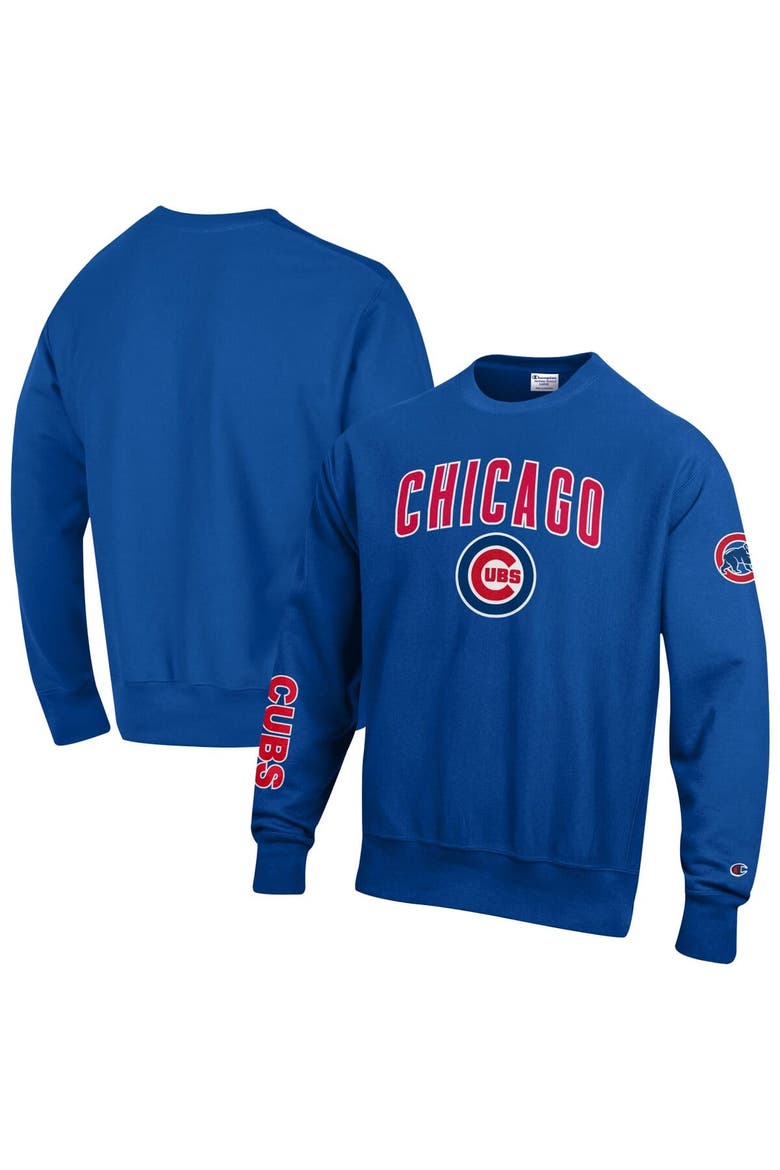 Men's Champion  Royal Chicago Cubs Reverse Weave Chenille Sweatshirt, Main, color, Royal