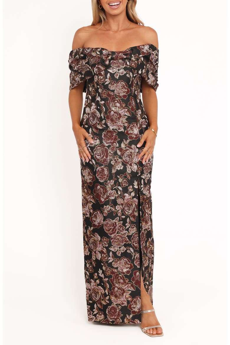 Lilia Off the Shoulder Maxi Cocktail Dress, Main, color, BLACK FLORAL