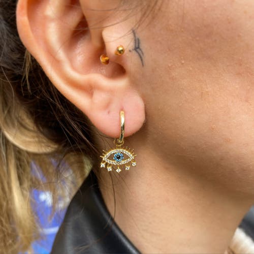 Spero London Evil Eye Earring Blue Eye Eyelash Sterling Silver Earring In Gold