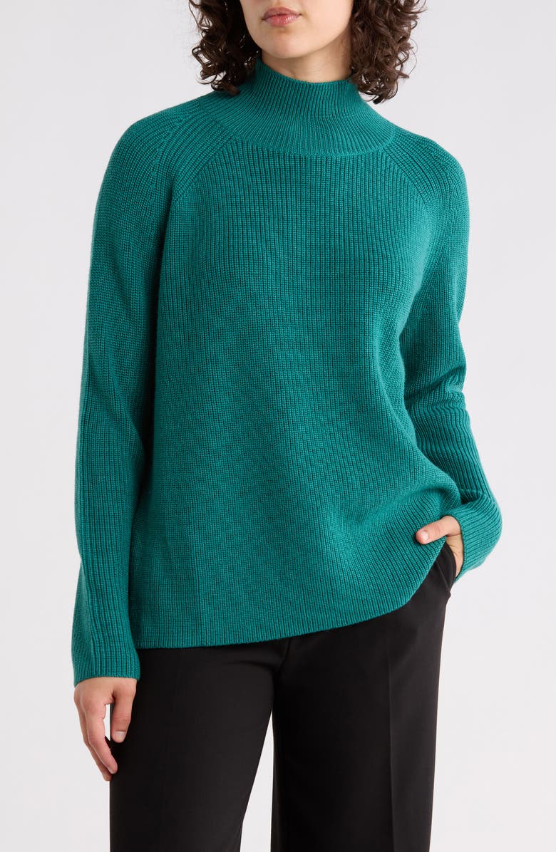 Eileen Fisher Raglan Sleeve Merino Wool Turtleneck Sweater, Main, color, Evergreen