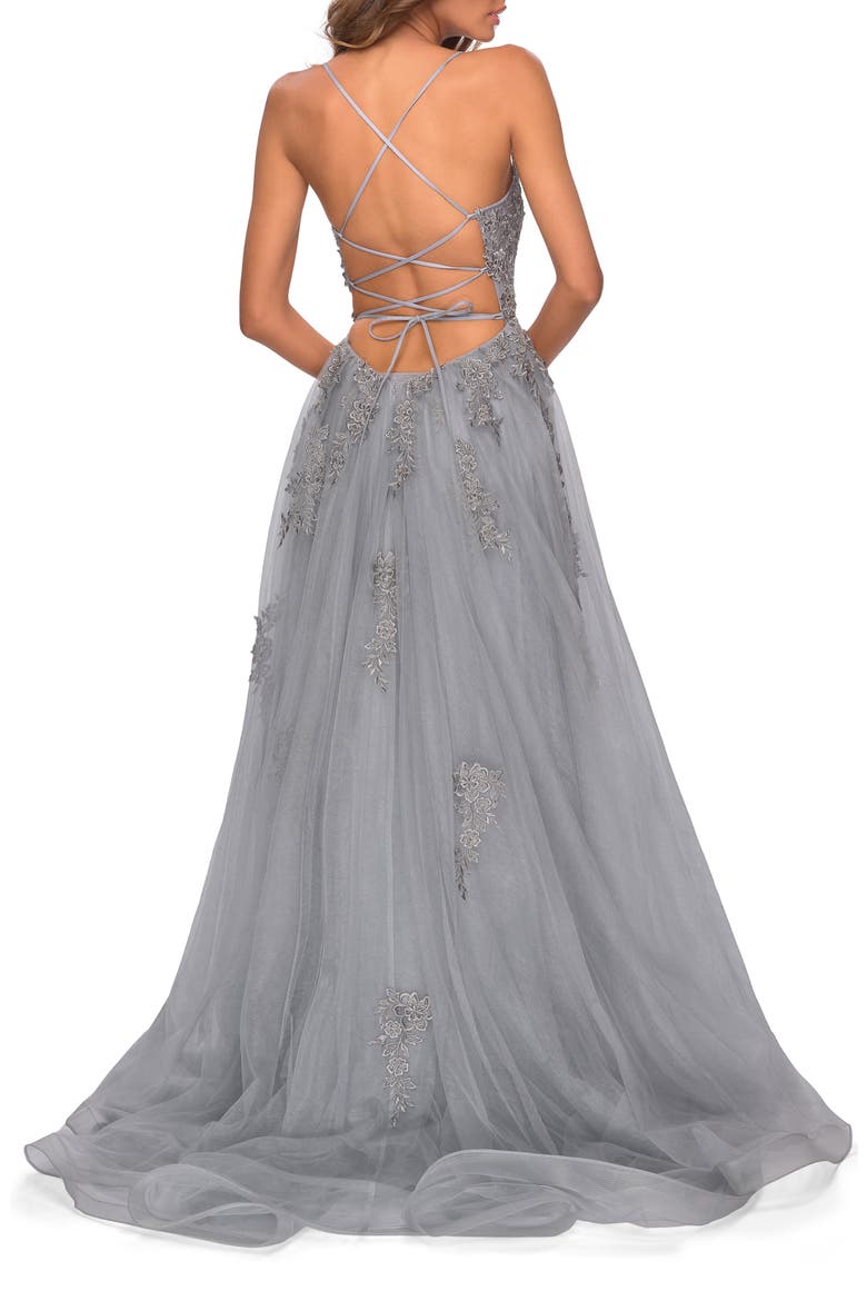 Floral Embroidered Tulle Gown, Alternate, color, SILVER