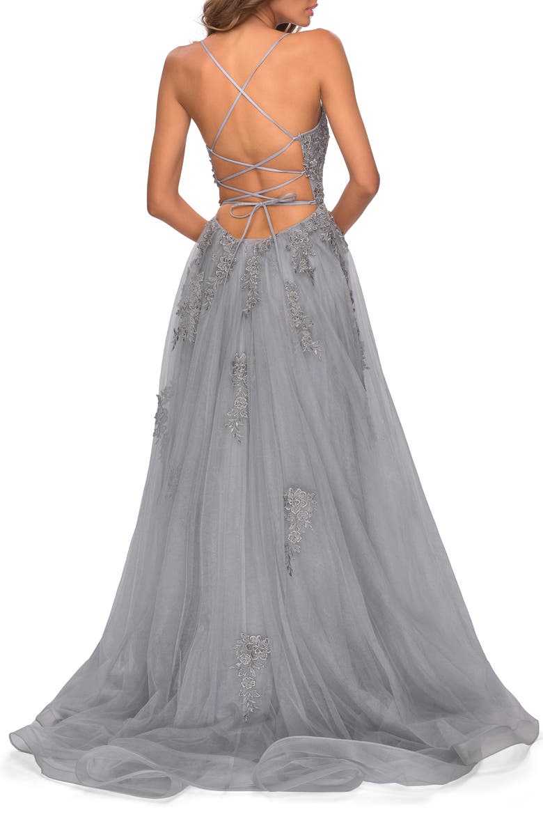 La Femme Floral Embroidered Tulle Gown, Alternate, color,