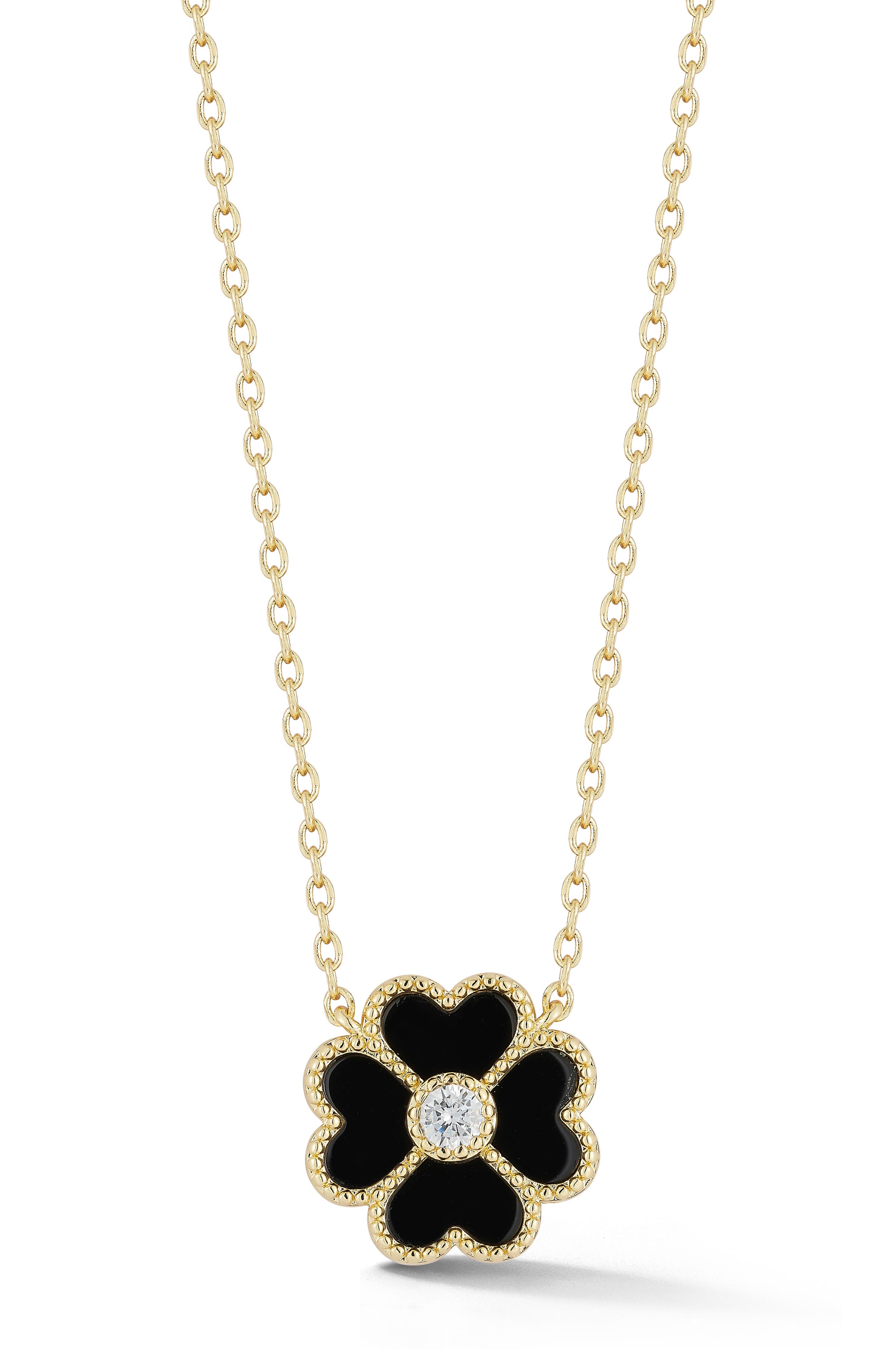 Sphera Milano Black Agate & Cubic Zirconia Clover Pendant Necklace In Gold