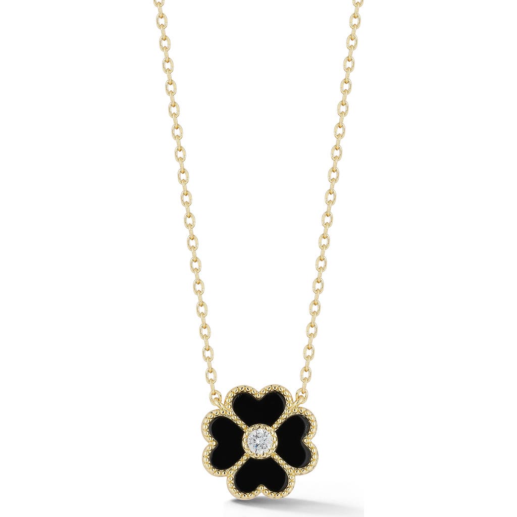 Sphera Milano Black Agate & Cubic Zirconia Clover Pendant Necklace In Gold