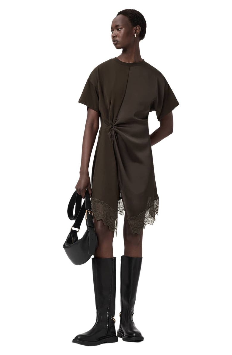 AllSaints Lana Lace Hem Minidress, Alternate, color, Bottle Brown