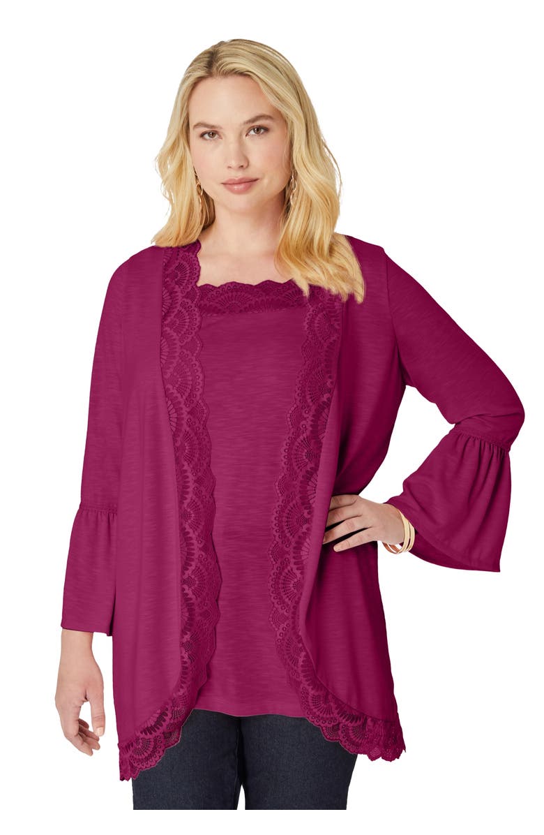 Roaman's Lace-Detailed Cardigan and Tank Set, Main, color, Berry Twist