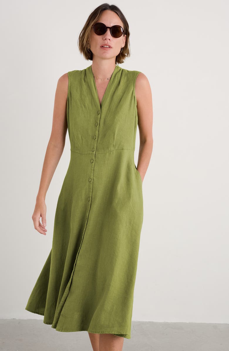 Seasalt Cornwall Carved Wood Sleeveless Linen Midi Dress, Alternate, color, Dark Citron
