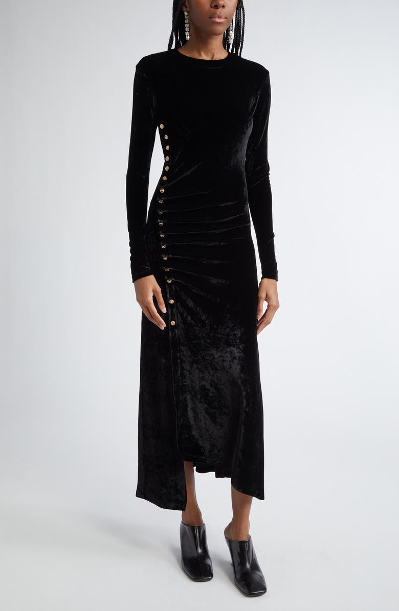 Rabanne Ruched Long Sleeve Stretch Velvet Dress, Main, color, 