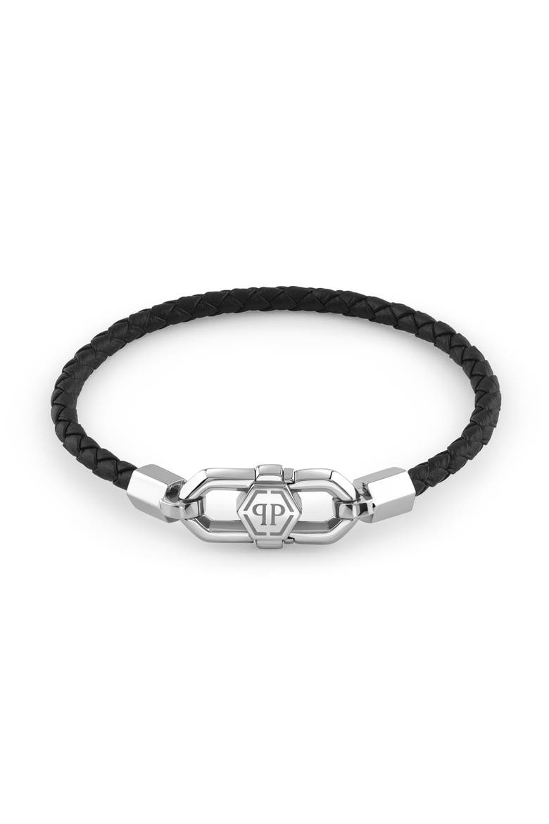 Leather Stainless Steel Bracelet Plein Edge Men, Main, color, black/stainlesssteel