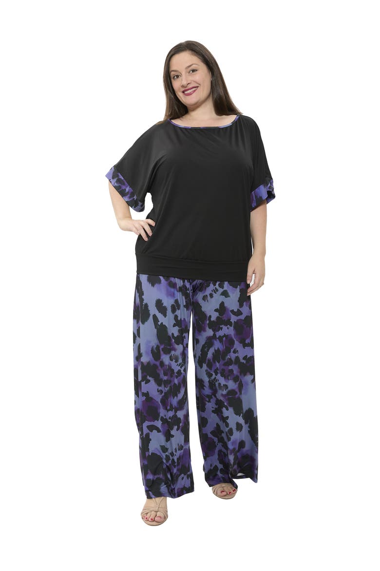 Plus Size Animal Print Boat Neck Short Dolman Sleeve Top and Pant Set, Main, color, Purple Multi