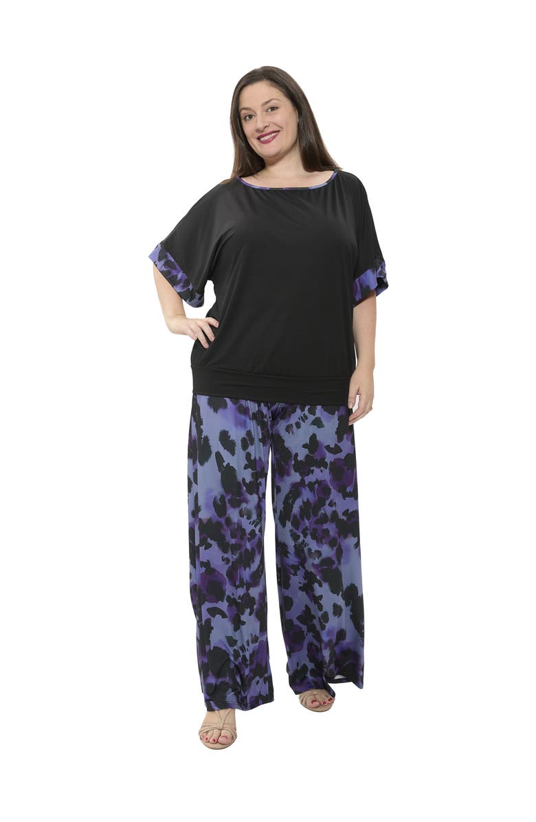 24seven Comfort Apparel Plus Size Animal Print Boat Neck Short Dolman Sleeve Top and Pant Set, Main, color, Purple Multi