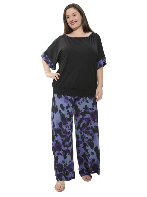 Plus Size Animal Print Boat Neck Short Dolman Sleeve Top and Pant Set