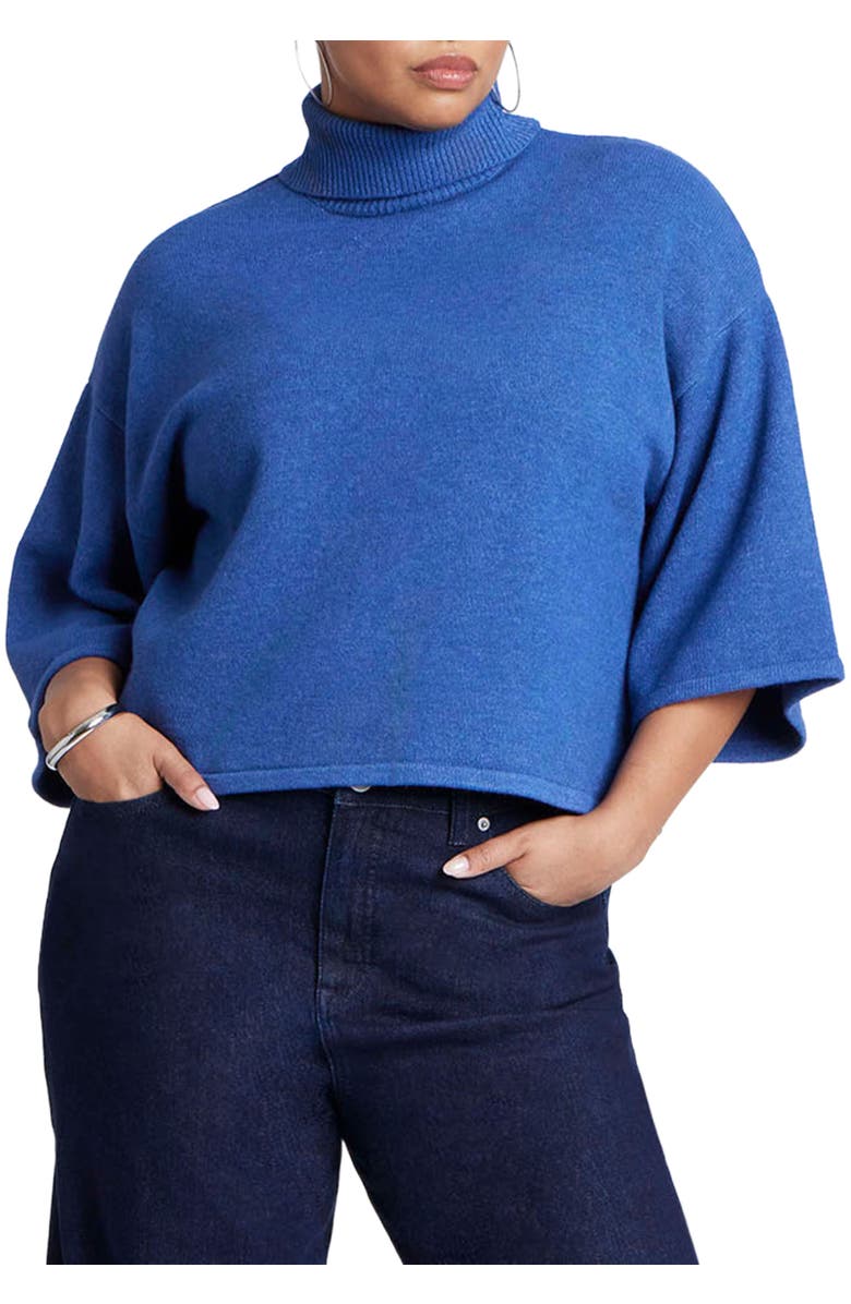 ELOQUII Boxy Three Quarter Sleeve Turtleneck, Main, color, Storm Blue