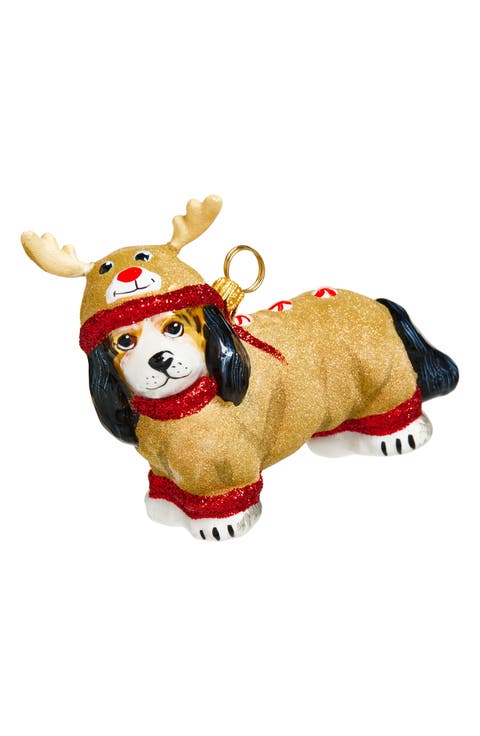 Tricolor Cavalier King Charles Spaniel in Reindeer Costume Glass Ornament