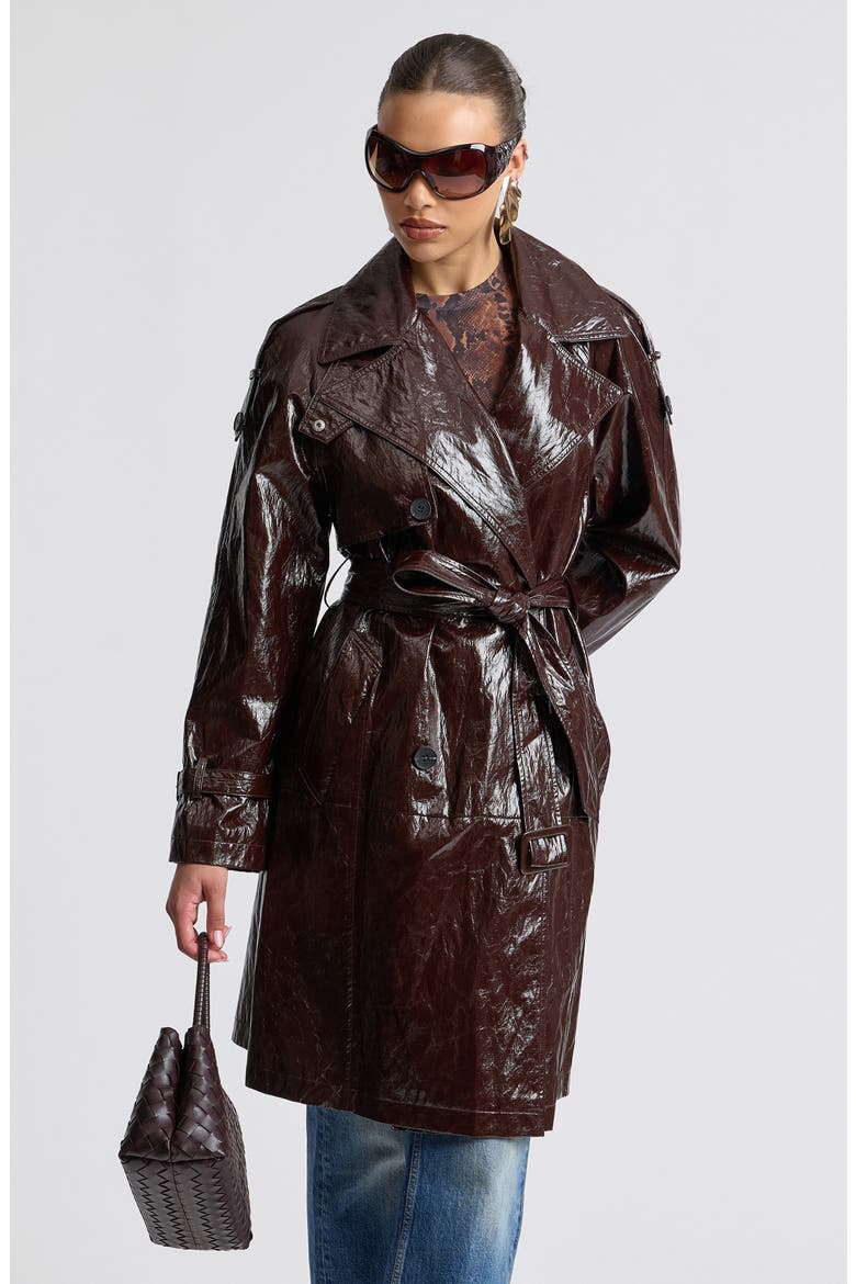 Belted Double Breasted Faux Leather Trench Coat, Alternate, color, DARK PLUM