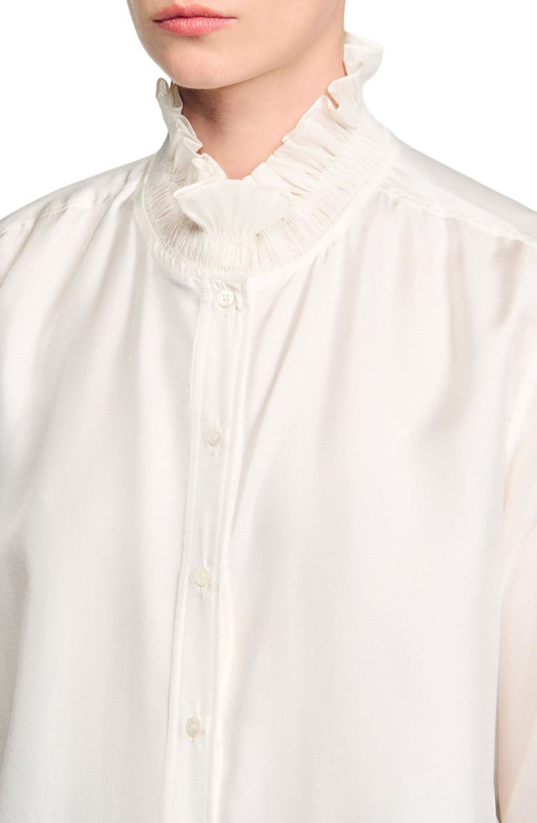 SANDRO Silk shirt with gathered collar, Alternate, color, Ecru
