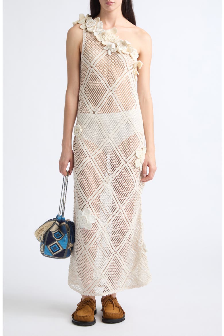 Floral Crochet One-Shoulder Dress, Alternate, color, LIMESTONE