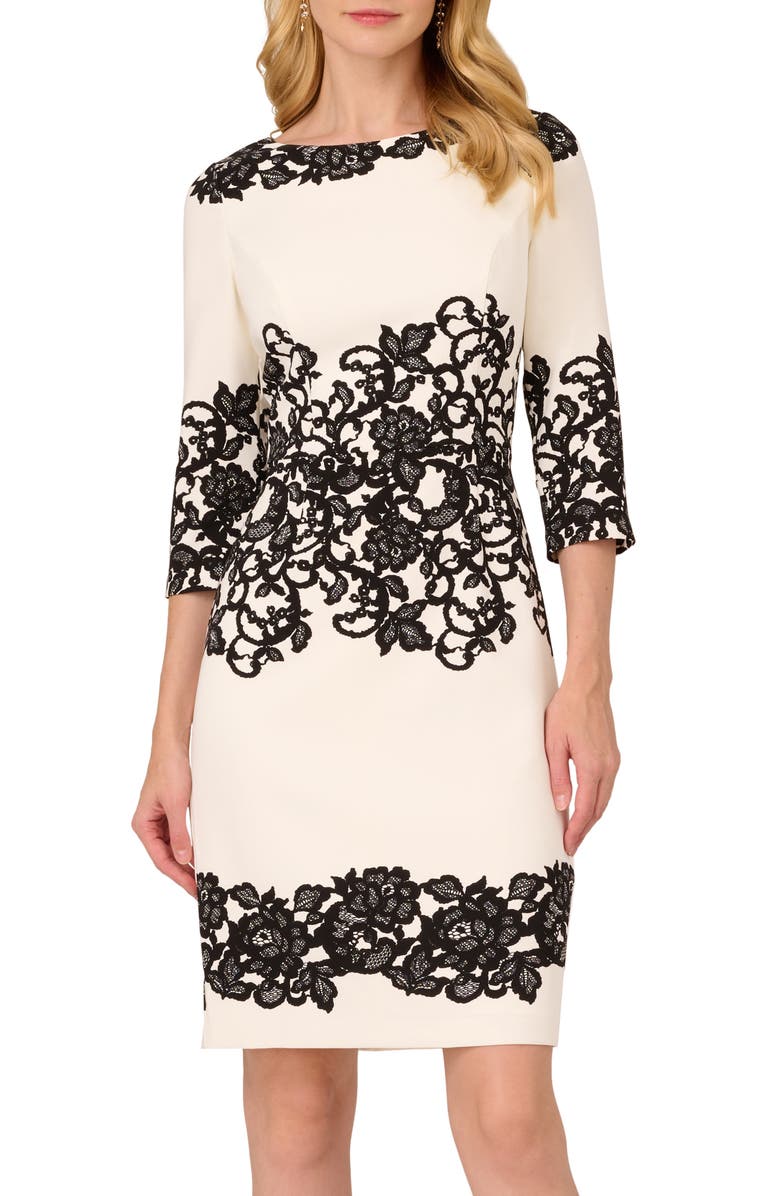 Adrianna Papell Scroll Lace Sheath Dress, Alternate, color, 