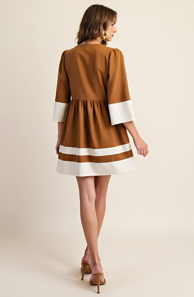Modenaire Fit-and-Flare Mini V-Neck Cuffed-Sleeve Contrast-Trim Dress, Alternate, color, 