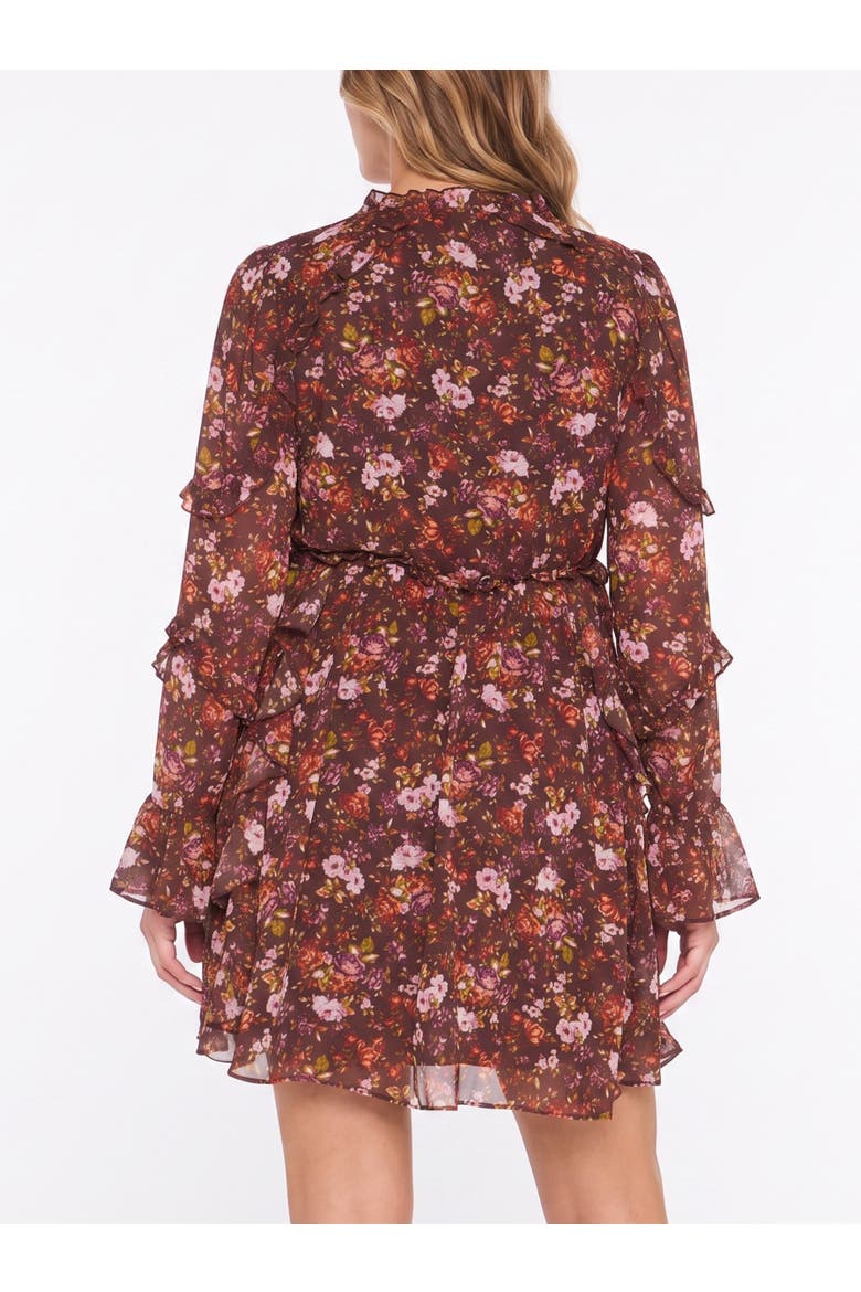 Long Sleeve Ruffle Mini Dress, Alternate, color, Brown Floral