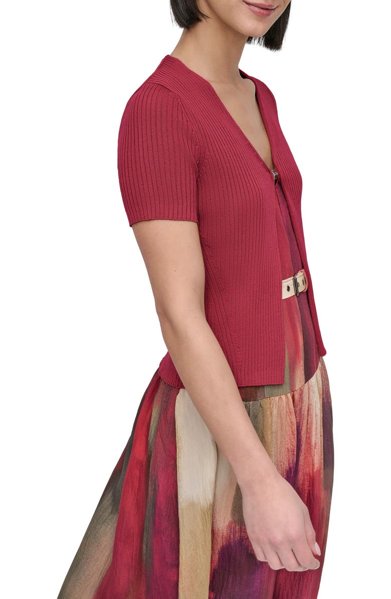 DKNY Hook & Eye Short Sleeve Rib Cardigan, Alternate, color, Beet