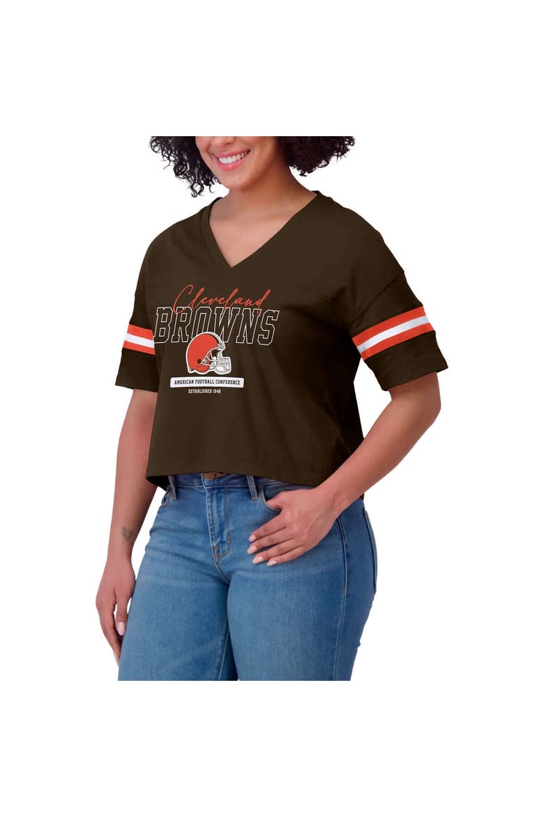 Women's WEAR by Erin Andrews Brown Cleveland Browns Color Block Boxy Modest Crop V-Neck T-Shirt, Alternate, color, Brown