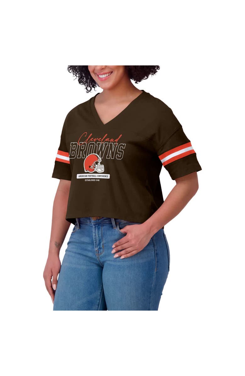 WEAR by Erin Andrews Women's WEAR by Erin Andrews Brown Cleveland Browns Color Block Boxy Modest Crop V-Neck T-Shirt, Alternate, color, Brown