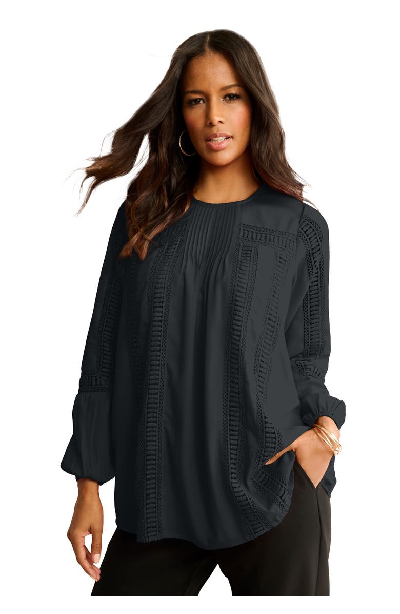 Roaman's Lace-Trim Blouson-Sleeve Top, Main, color, Black