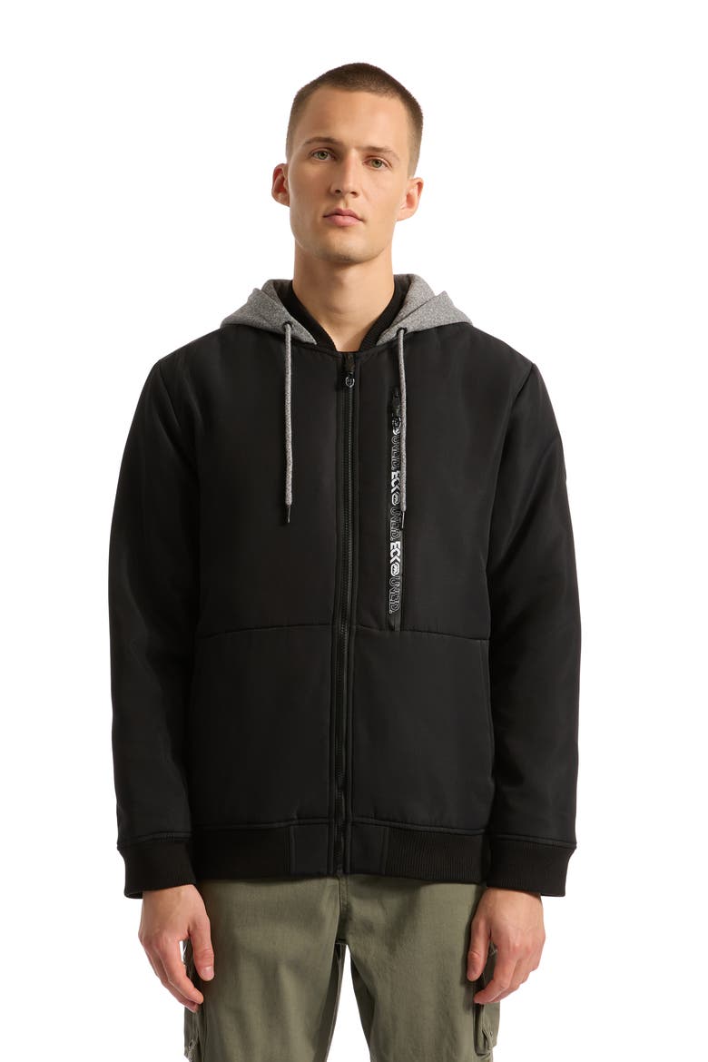 Men's Don't Give Up Faux Shearling Varsity Jacket, Main, color, Black/Grey Marled