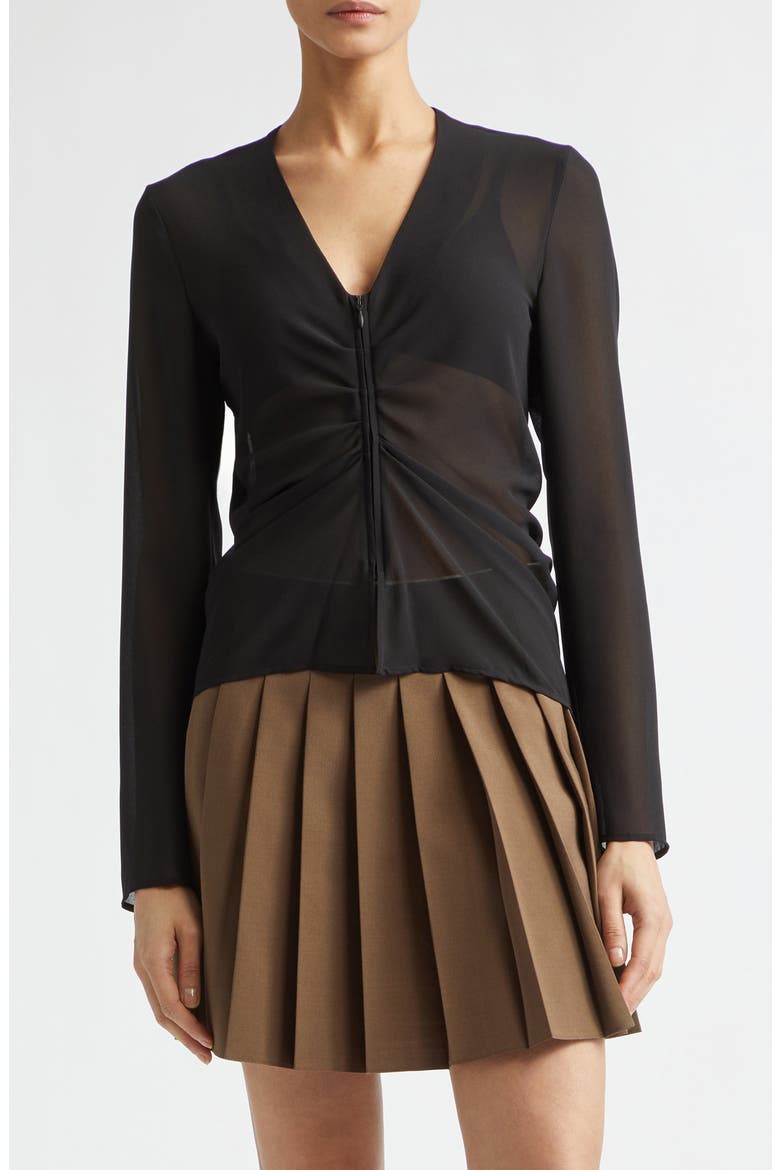 Gathered Sheer Chiffon Zip Top, Main, color, BLACK
