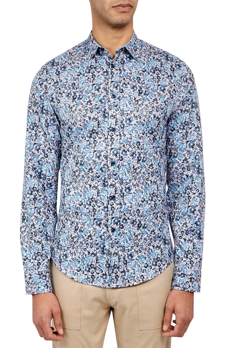 Slim Fit Floral 4-Way Stretch Performance Long Sleeve Shirt, Main, color, LT BLUE GREY