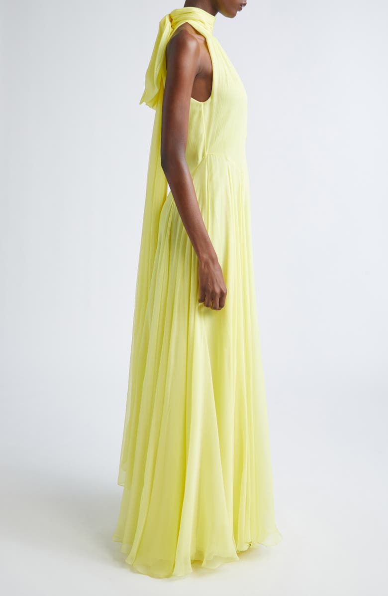 Givenchy Bow Back Pleated Silk Chiffon Gown, Alternate, color, Acid Yellow