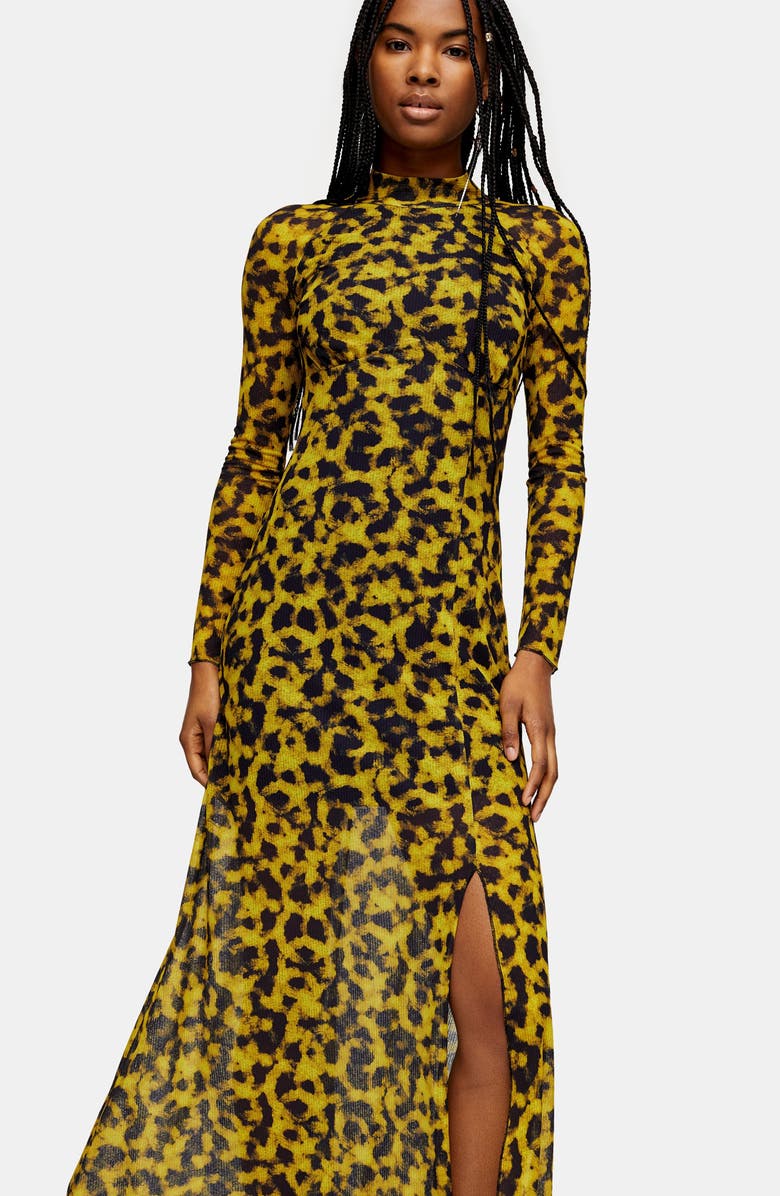 Topshop Smudge Mesh Long Sleeve Midi Dress, Alternate, color, 