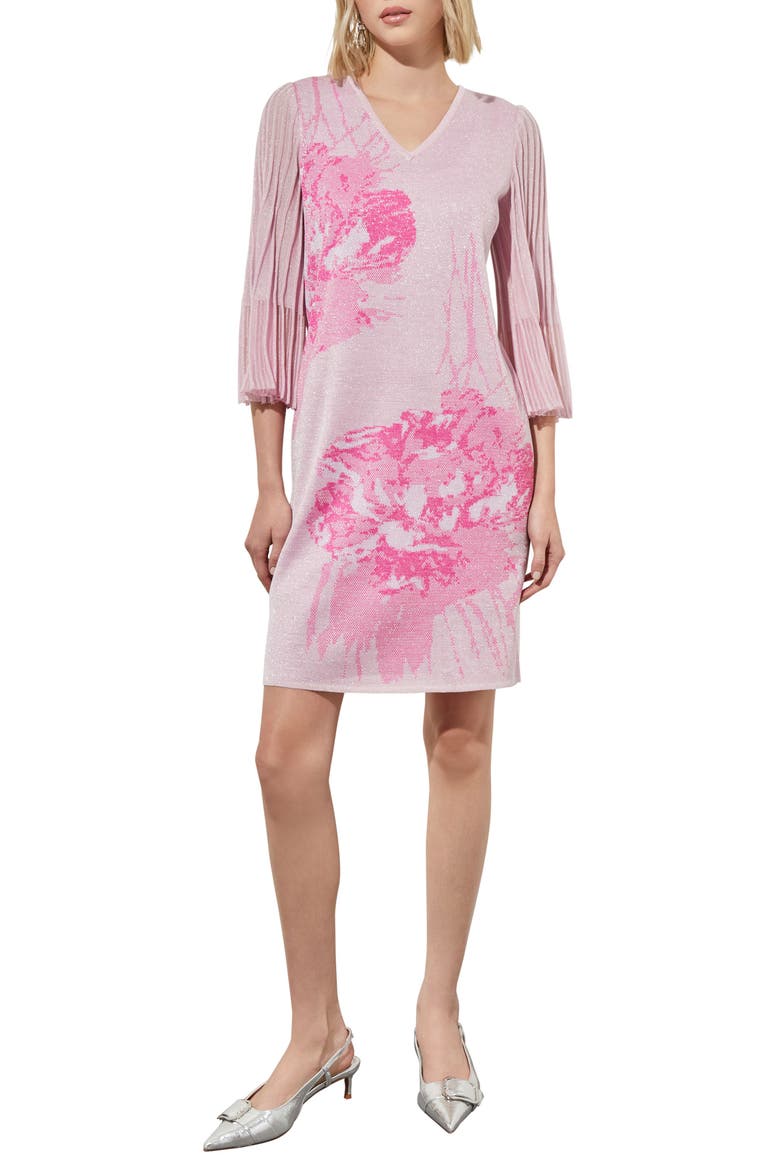 Floral Print Metallic Pleated Sleeve Shift Dress, Main, color, PERFECT PINK/CARMINE ROSE